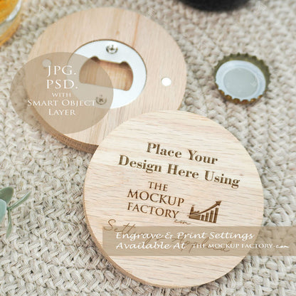 Round Oak - Varnished  & Unvarnished Magnetic Bottle Opener 8cm  Mockup Bundle PSD -Natural Botanicals Style Mockup - Smart Object Template with Smart Object - UK Product Mockup