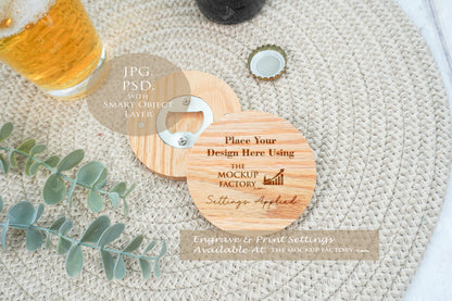 Round Oak - Varnished  & Unvarnished Magnetic Bottle Opener 8cm  Mockup Bundle PSD -Natural Botanicals Style Mockup - Smart Object Template with Smart Object - UK Product Mockup