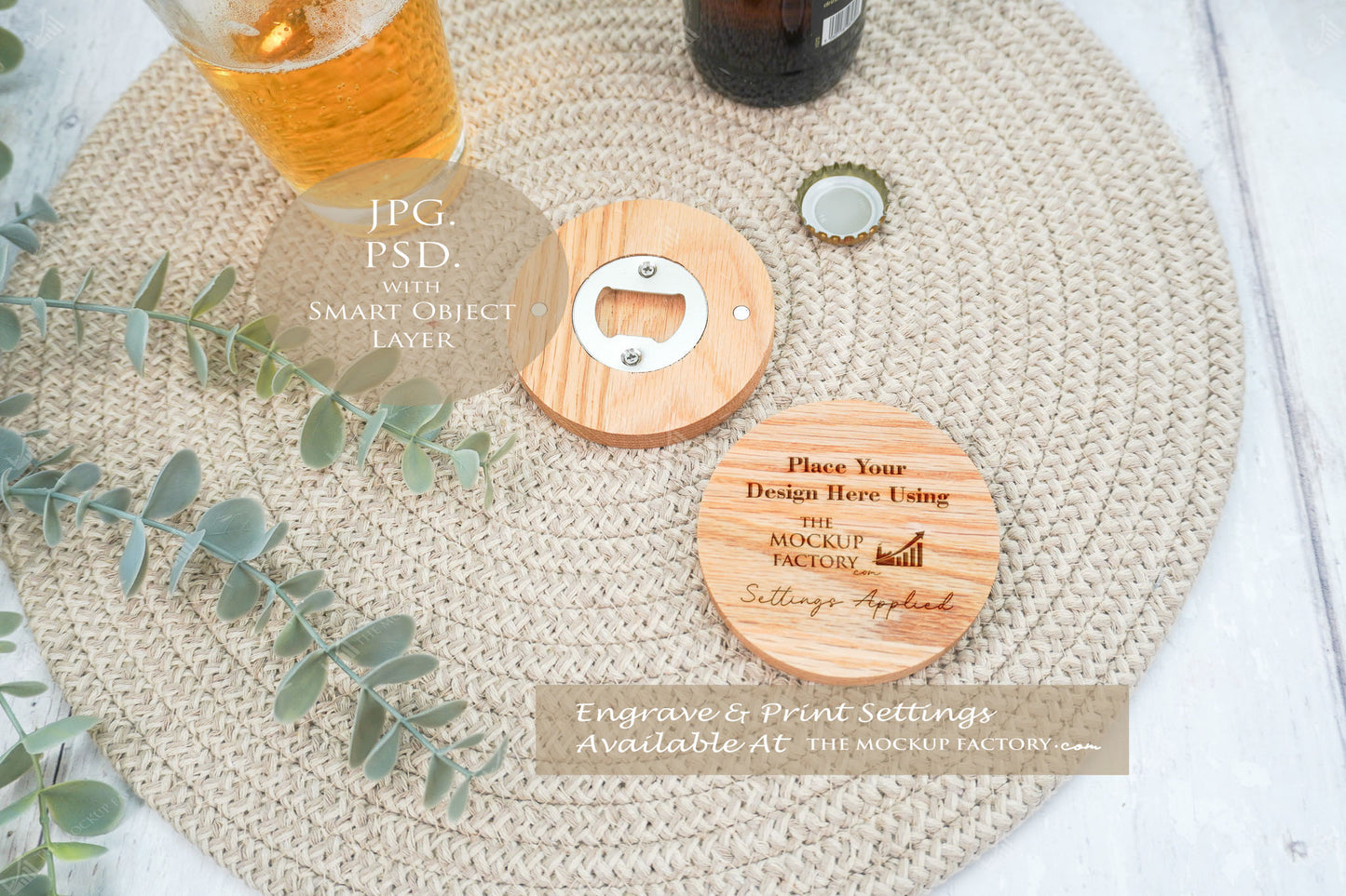 Round Oak - Varnished  & Unvarnished Magnetic Bottle Opener 8cm  Mockup Bundle PSD -Natural Botanicals Style Mockup - Smart Object Template with Smart Object - UK Product Mockup