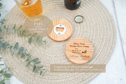 Round Oak - Varnished  & Unvarnished Magnetic Bottle Opener 8cm  Mockup Bundle PSD -Natural Botanicals Style Mockup - Smart Object Template with Smart Object - UK Product Mockup
