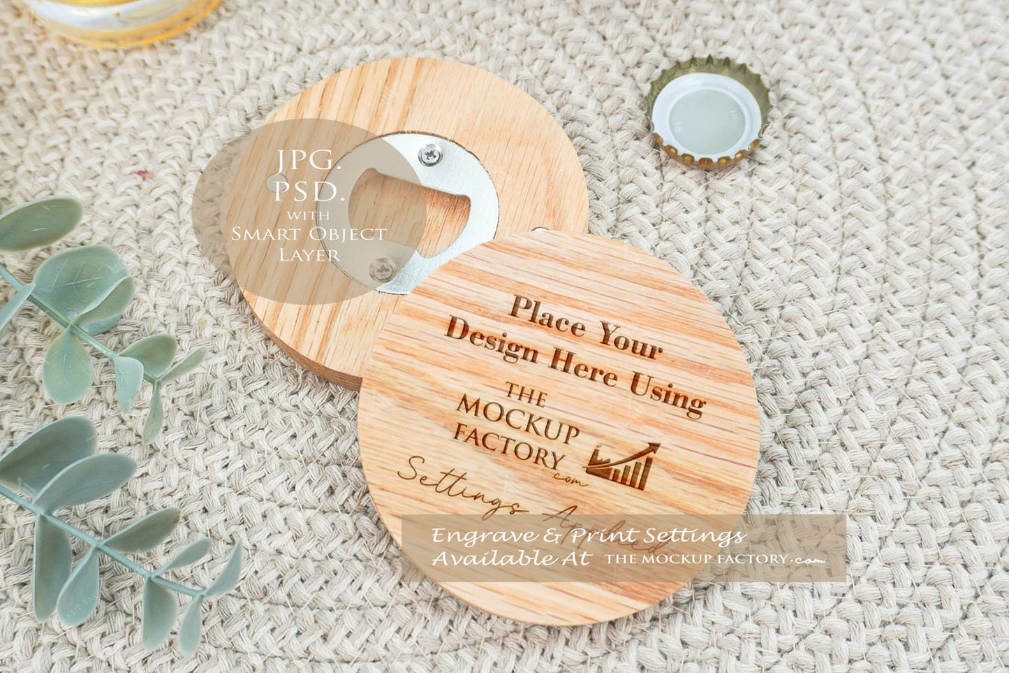 Round Oak - Varnished  & Unvarnished Magnetic Bottle Opener 8cm  Mockup Bundle PSD -Natural Botanicals Style Mockup - Smart Object Template with Smart Object - UK Product Mockup