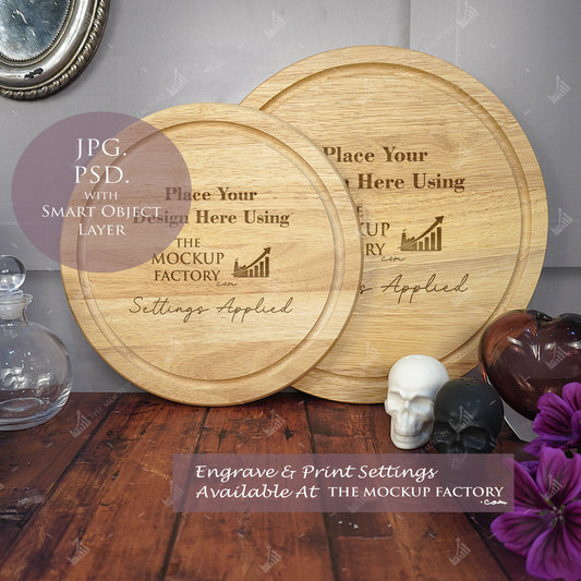 Round Rubberwood Chopping Board Mockup PSD - Dark Gothic Style Mockup - Smart Object Template with Smart Object - UK Product Mockup