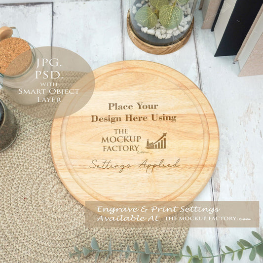 Round Rubberwood Chopping Board Mockup PSD - Natural Botanicals Style Mockup - Smart Object Template with Smart Object - UK Product Mockup