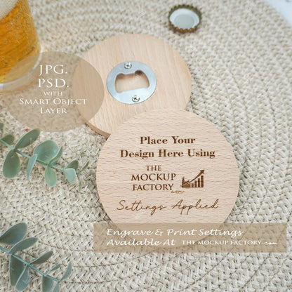 Round Wooden Bottle Opener 9.5cm Beech Mockup Bundle PSD -Natural Botanicals Style Mockup - Smart Object Template with Smart Object - UK Product Mockup