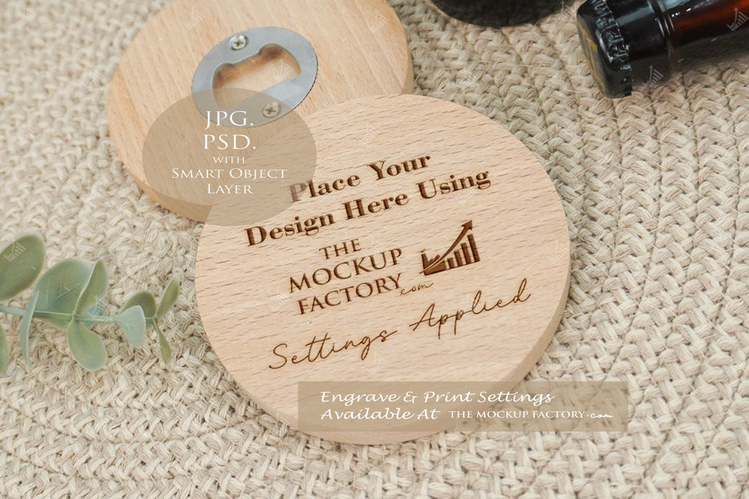 Round Wooden Bottle Opener 9.5cm Beech Mockup Bundle PSD -Natural Botanicals Style Mockup - Smart Object Template with Smart Object - UK Product Mockup