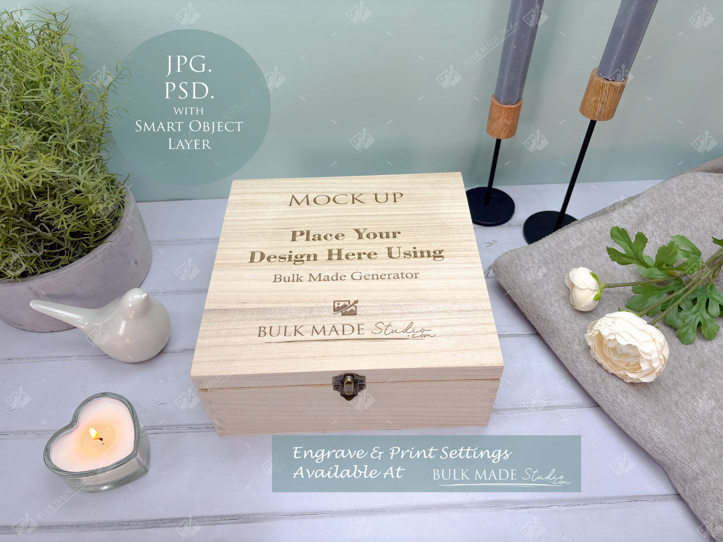 Square Wooden Paulownia Box Mockup Bundle - Print & Engraving  - Pastel Floral - PSD Templates with Smart Object - UK Product Mockup