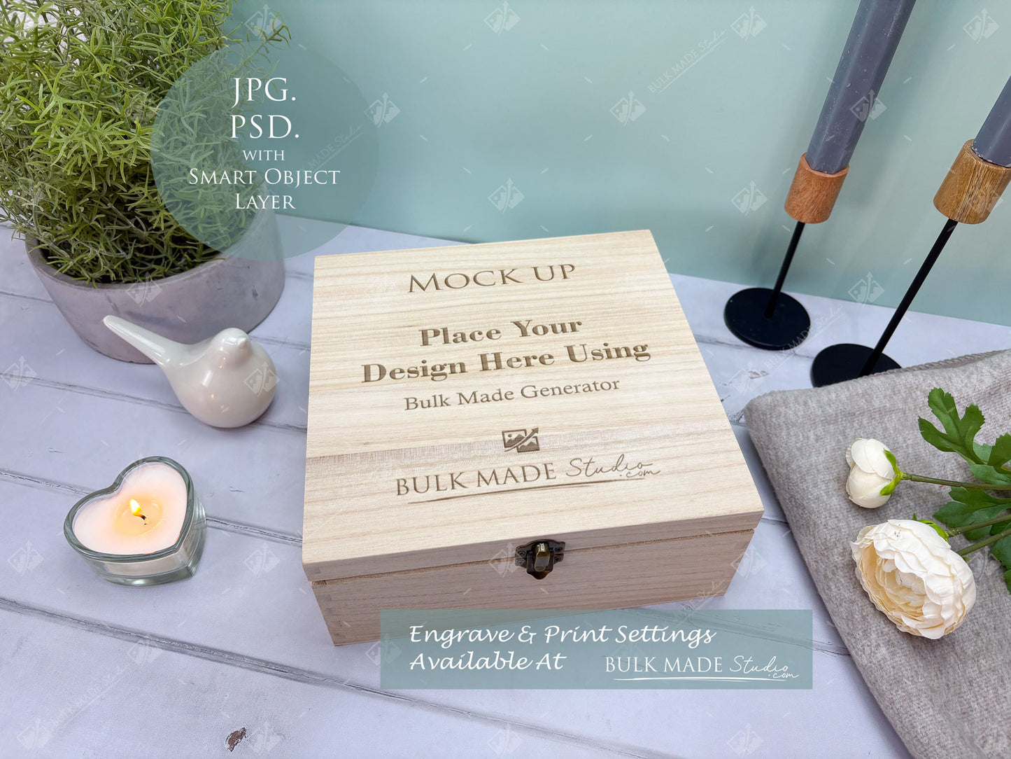Square Wooden Paulownia Box Mockup Bundle - Print & Engraving  - Pastel Floral - PSD Templates with Smart Object - UK Product Mockup