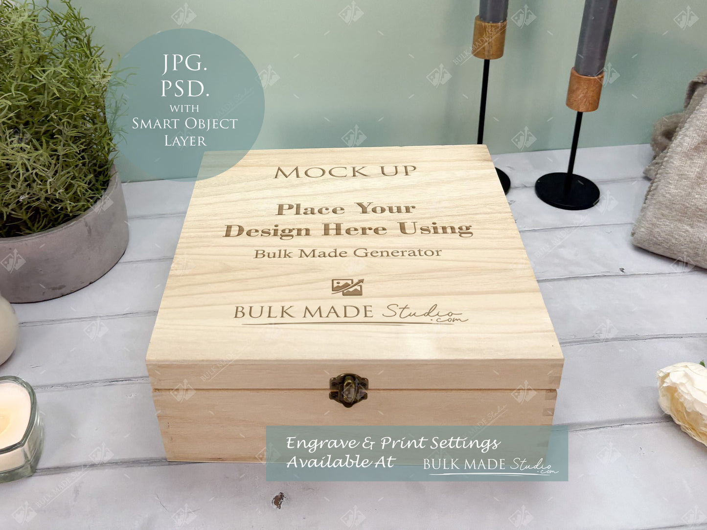 Square Wooden Paulownia Box Mockup Bundle - Print & Engraving  - Pastel Floral - PSD Templates with Smart Object - UK Product Mockup