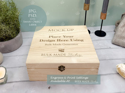 Square Wooden Paulownia Box Mockup Bundle - Print & Engraving  - Pastel Floral - PSD Templates with Smart Object - UK Product Mockup