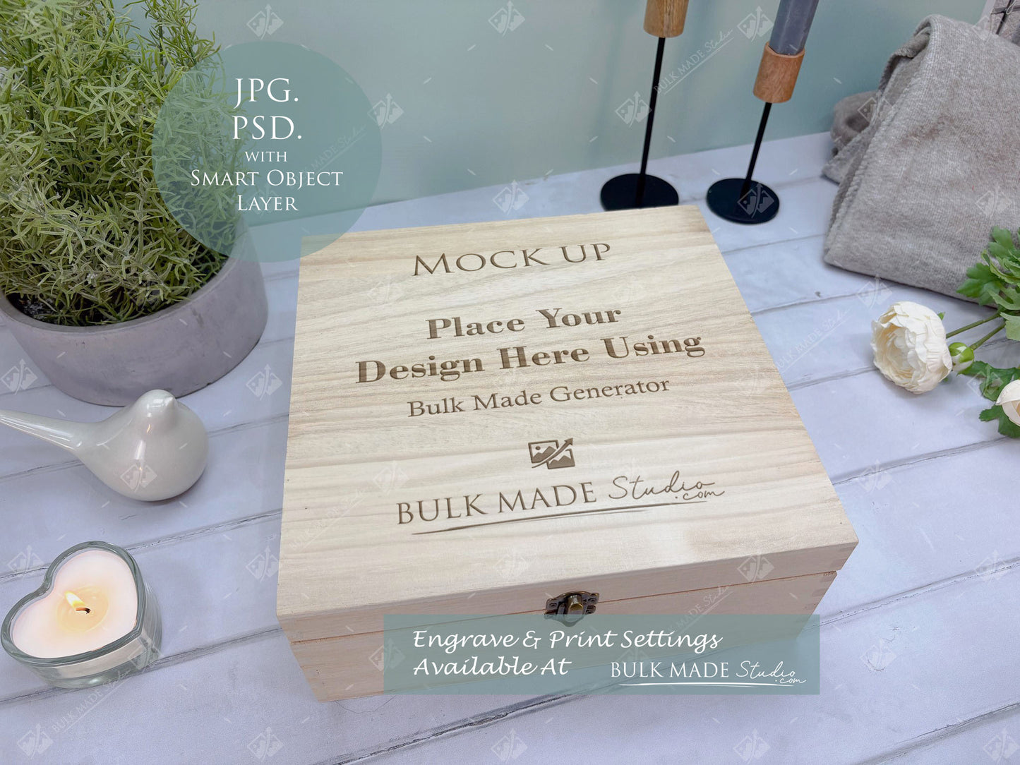 Square Wooden Paulownia Box Mockup Bundle - Print & Engraving  - Pastel Floral - PSD Templates with Smart Object - UK Product Mockup