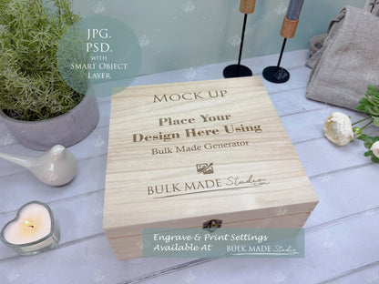 Square Wooden Paulownia Box Mockup Bundle - Print & Engraving  - Pastel Floral - PSD Templates with Smart Object - UK Product Mockup