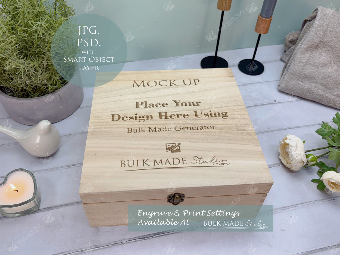 Square Wooden Paulownia Box Mockup Bundle - Print & Engraving  - Pastel Floral - PSD Templates with Smart Object - UK Product Mockup