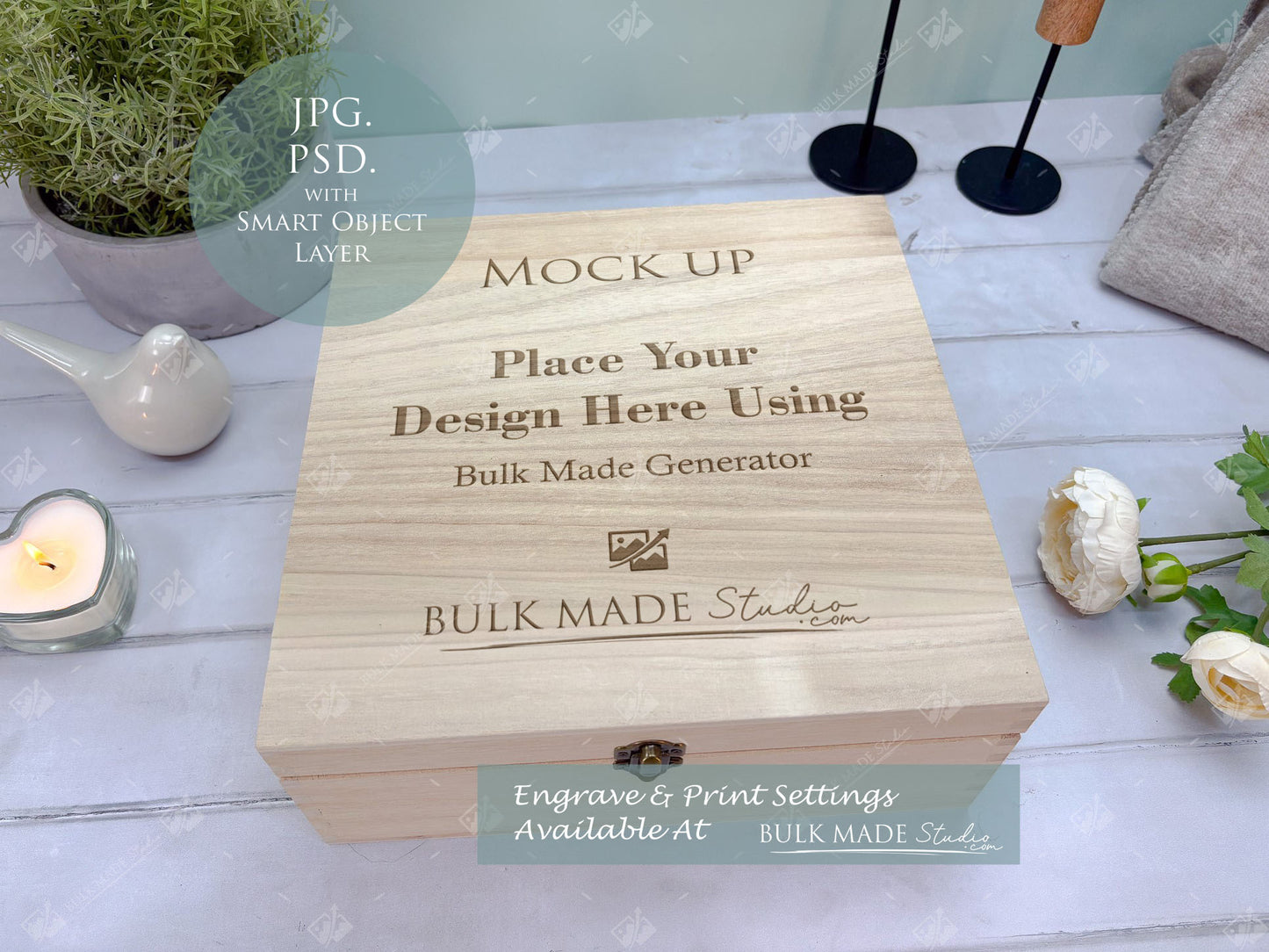 Square Wooden Paulownia Box Mockup Bundle - Print & Engraving  - Pastel Floral - PSD Templates with Smart Object - UK Product Mockup