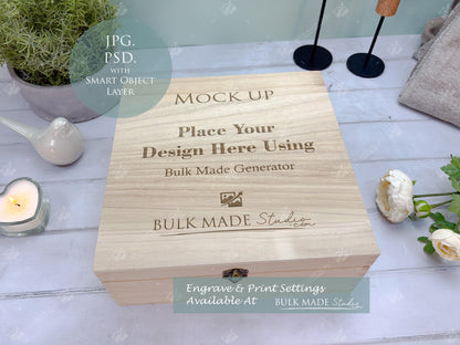 Square Wooden Paulownia Box Mockup Bundle - Print & Engraving  - Pastel Floral - PSD Templates with Smart Object - UK Product Mockup
