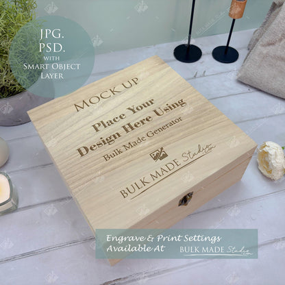 Square Wooden Paulownia Box Mockup Bundle - Print & Engraving  - Pastel Floral - PSD Templates with Smart Object - UK Product Mockup