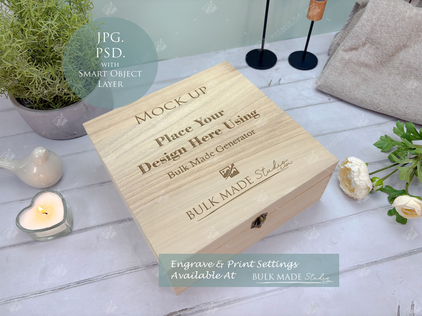 Square Wooden Paulownia Box Mockup Bundle - Print & Engraving  - Pastel Floral - PSD Templates with Smart Object - UK Product Mockup