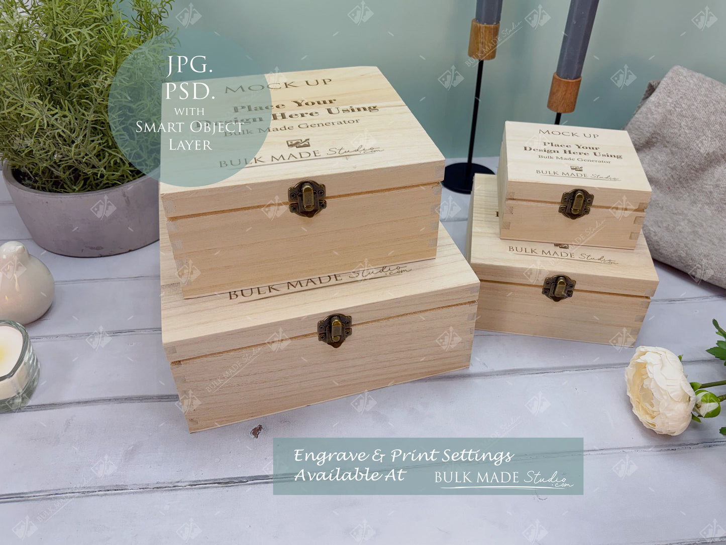 Square Wooden Paulownia Box Mockup Bundle - Print & Engraving  - Pastel Floral - PSD Templates with Smart Object - UK Product Mockup
