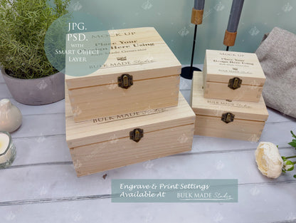 Square Wooden Paulownia Box Mockup Bundle - Print & Engraving  - Pastel Floral - PSD Templates with Smart Object - UK Product Mockup
