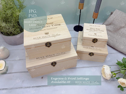 Square Wooden Paulownia Box Mockup Bundle - Print & Engraving  - Pastel Floral - PSD Templates with Smart Object - UK Product Mockup