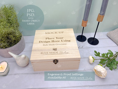 Square Wooden Paulownia Box Mockup Bundle - Print & Engraving  - Pastel Floral - PSD Templates with Smart Object - UK Product Mockup