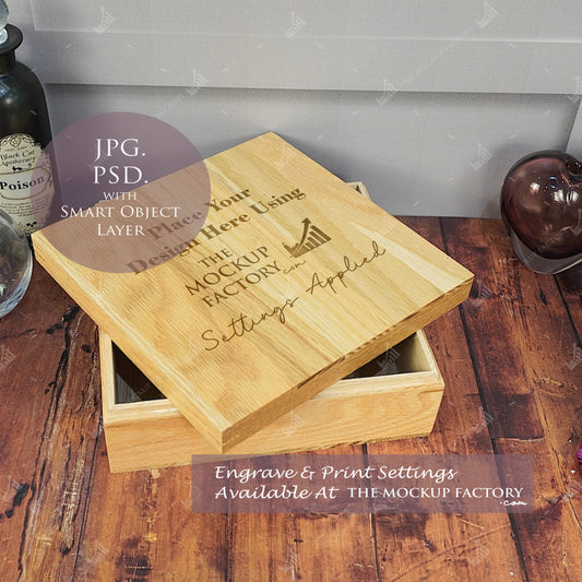 Oak Square Box Mockup PSD - Dark Gothic Style Mockup - Smart Object Template with Smart Object - UK Product Mockup