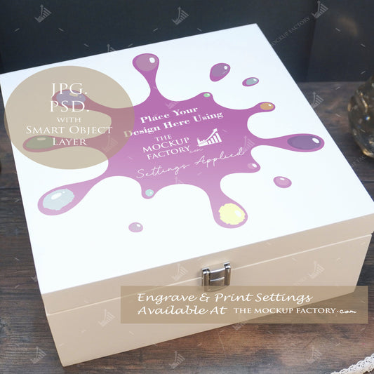White Lacquered Luxury Square Wooden Box Mockup Wedding Theme - Printing - Dark Vintage - PSD Templates with Smart Object - UK Product Mockup