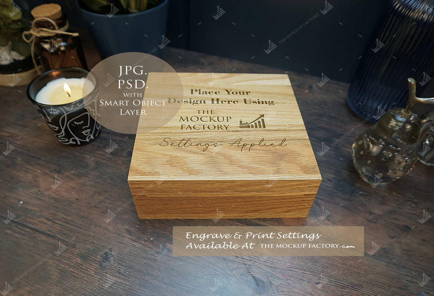 Oak Box Lift Off Lid Square Mockup Bundle - Dark Vintage Styling - PSD Templates with Smart Object - UK Product Mockup