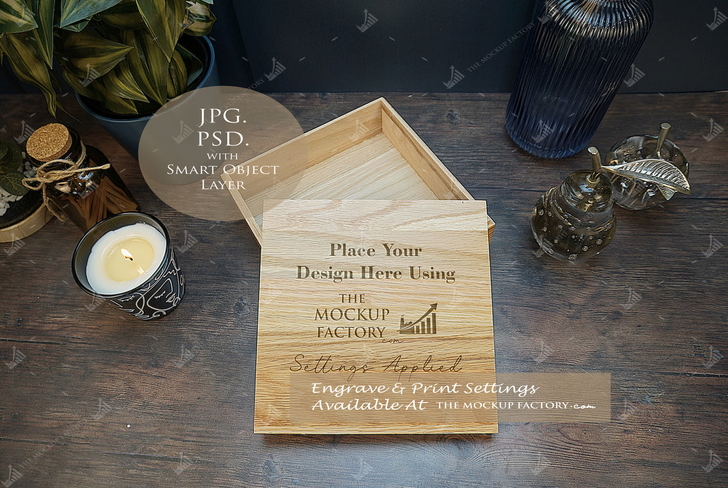 Oak Box Lift Off Lid Square Mockup Bundle - Dark Vintage Styling - PSD Templates with Smart Object - UK Product Mockup