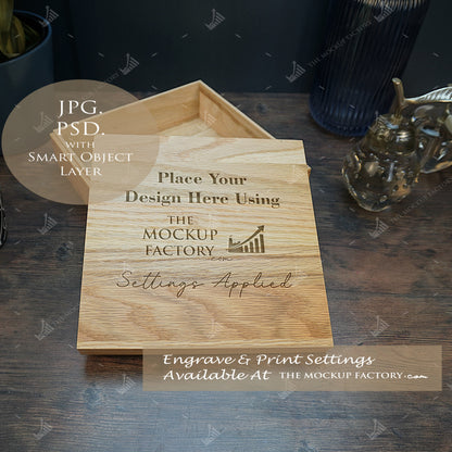 Oak Box Lift Off Lid Square Mockup Bundle - Dark Vintage Styling - PSD Templates with Smart Object - UK Product Mockup
