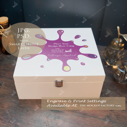 White Lacquered Luxury Square Wooden Box Mockup - Printing - Dark Vintage - PSD Templates with Smart Object - UK Product Mockup