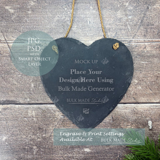 Slate Heart Hanging Plaque Mockup - Engrave or Print - Scandi Pine - PSD Templates with Smart Object - UK Product Mockup
