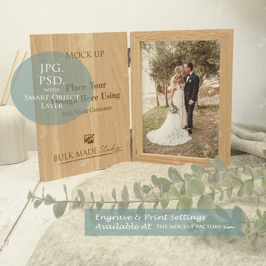 Oak Book Photo Frame Mockup - Print & Engraving  -Natural Botanicals - PSD Templates with Smart Object - UK Product Mockup