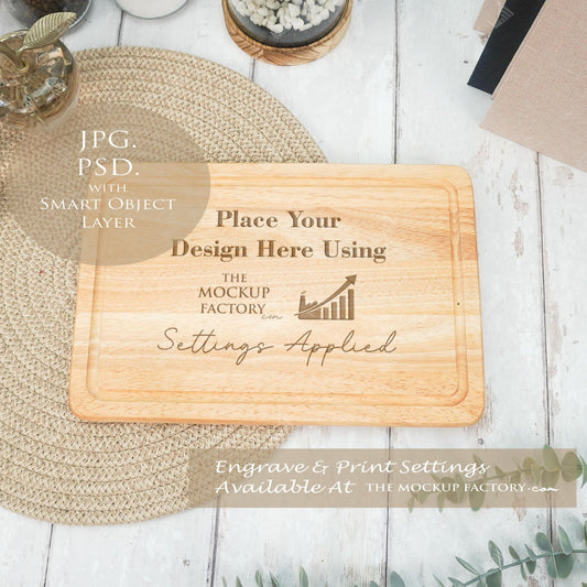 Rectangle Rubberwood Chopping Board Mockup PSD - Natural Botanicals Style Mockup - Smart Object Template with Smart Object - UK Product Mockup