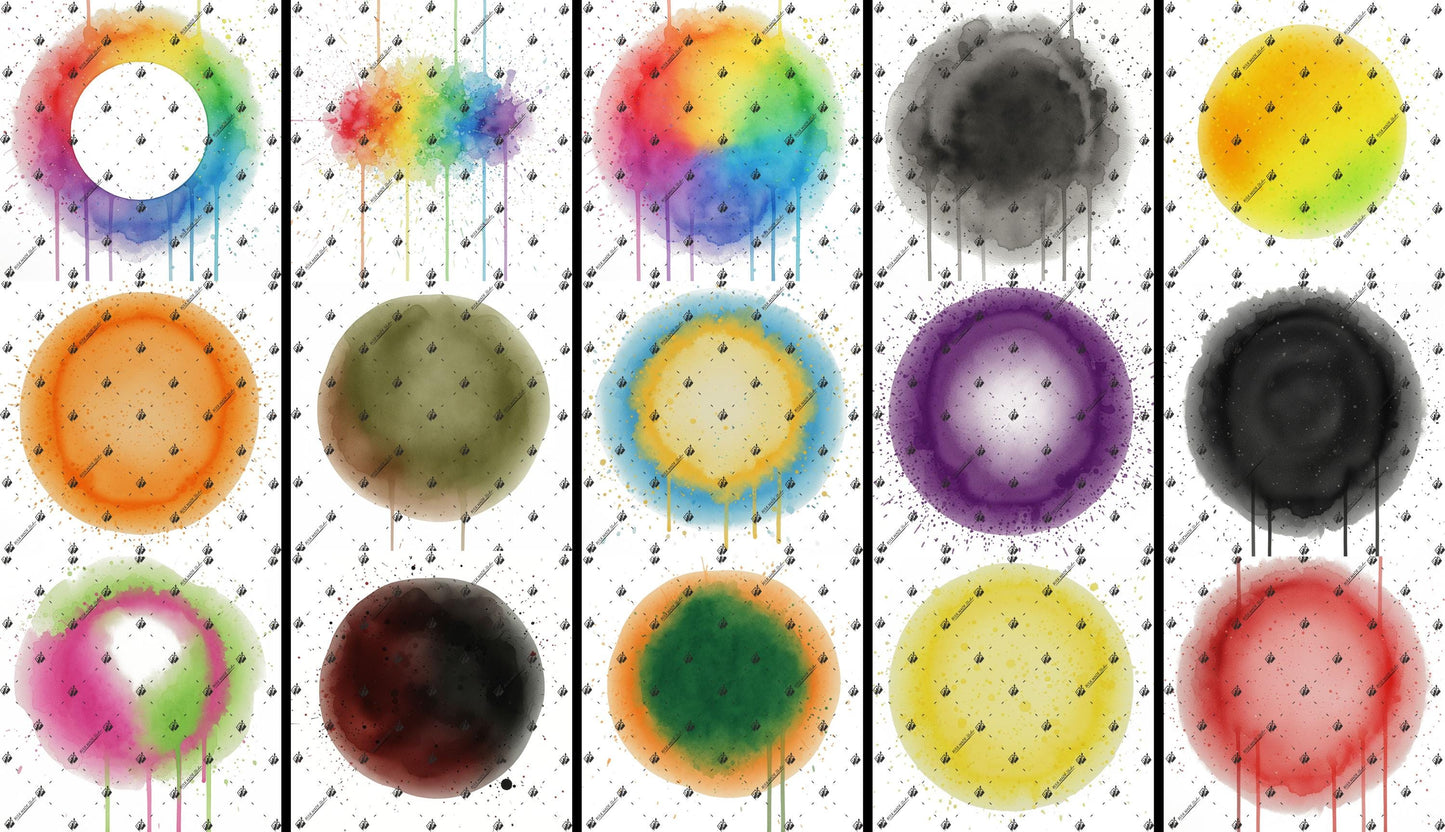 a collection of twelve circular shapes, each with a unique color and pattern, arranged in a grid-like pattern. The shapes appear to be dripping or splattered with various colors, creating a visually striking and abstract composition.