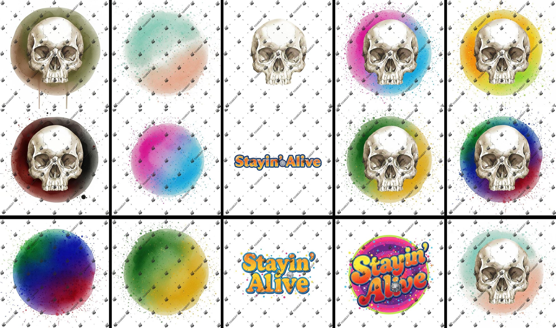 a collage of various skull-related images, including skull illustrations in different colors and patterns, along with the text "Stayin' Alive" and "Stayin'" in the center.