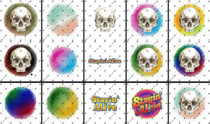 a collage of various skull-related images, including skull illustrations in different colors and patterns, along with the text "Stayin' Alive" and "Stayin'" in the center.