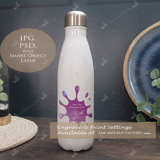 White Metal Sublimation Drink Bottle Mockups - Cola Insulated - Straw - 2 Lid - Dark Vintage - PSD Template with Smart Object - UK Product Mockup