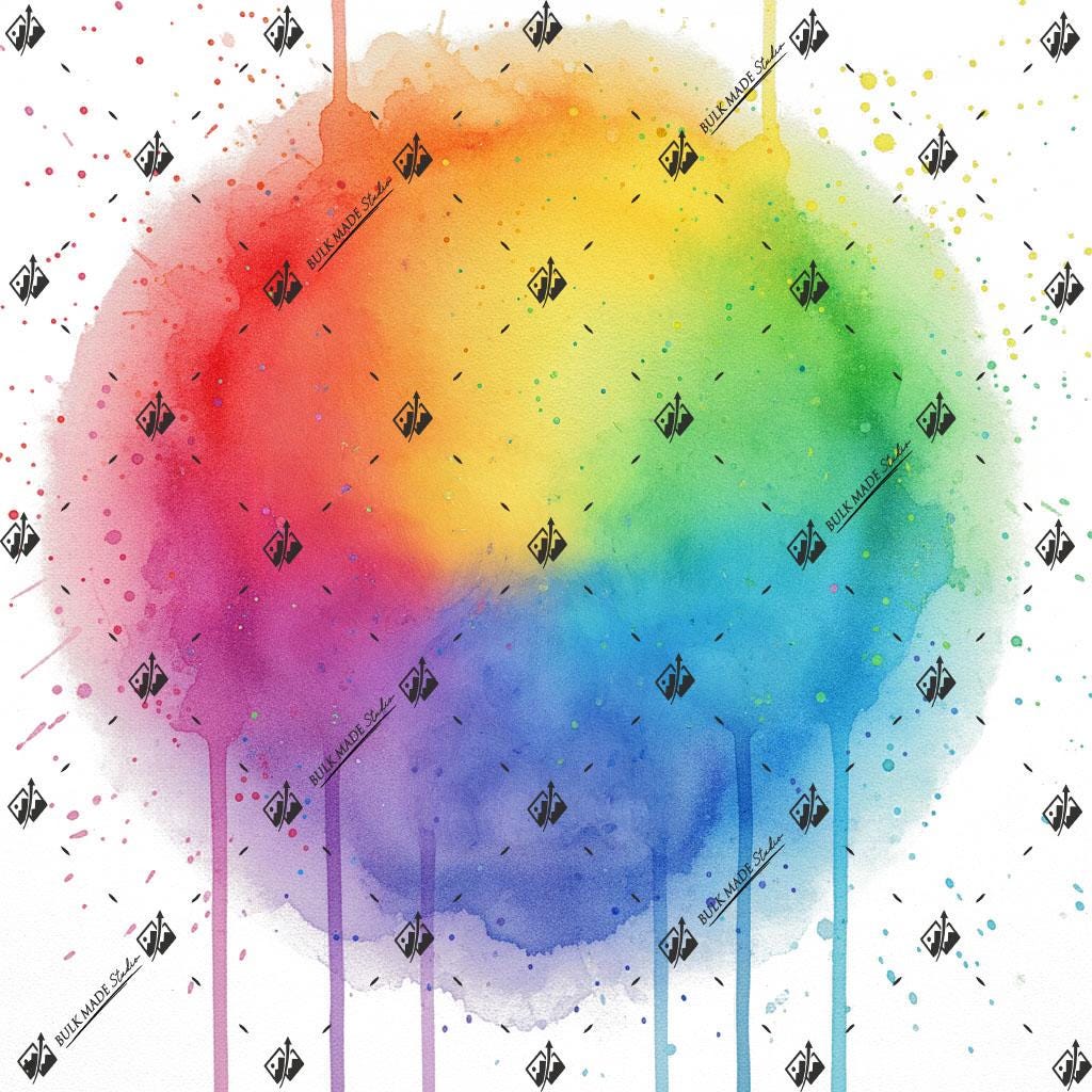 The image is a vibrant watercolor painting featuring a rainbow-colored gradient with splashes of various colors. The painting is surrounded by a pattern of small black dots, creating a visually striking contrast.