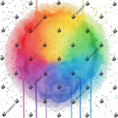 The image is a vibrant watercolor painting featuring a rainbow-colored gradient with splashes of various colors. The painting is surrounded by a pattern of small black dots, creating a visually striking contrast.