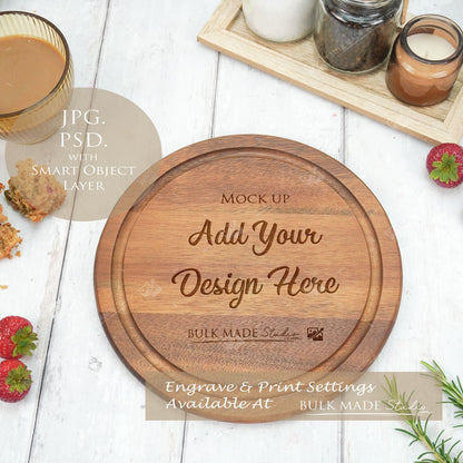 Acacia Round Chopping Board Mockup PSD - Summer Floral Style Mockup - Smart Object Template with Smart Object - UK Product Mockup
