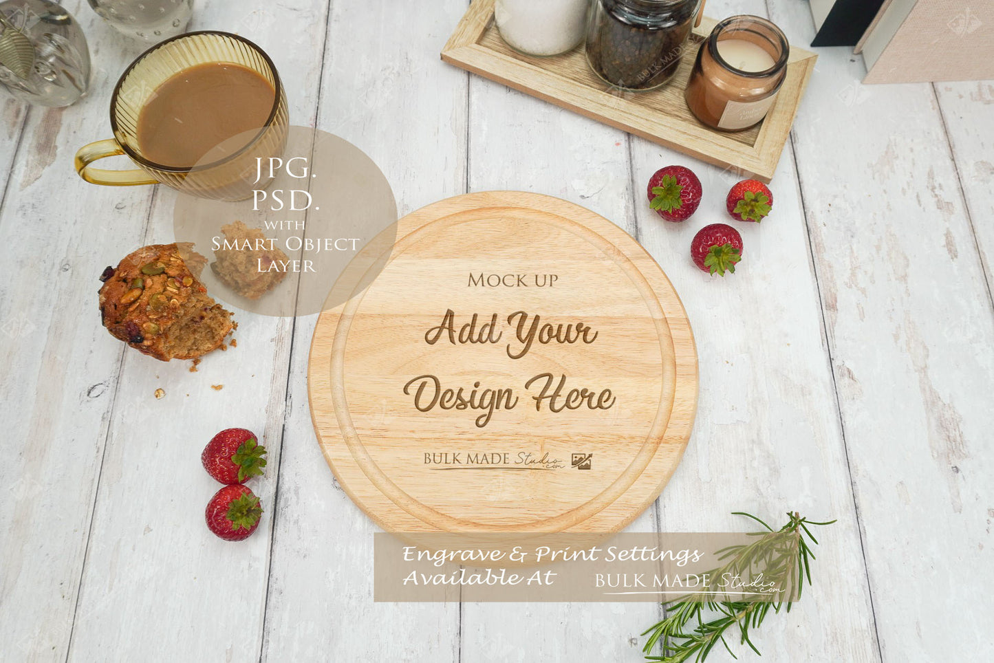 Round Rubberwood Chopping Board Mockup PSD Bundle - Summer Floral Style Mockup - Smart Object Template with Smart Object - UK Product Mockup