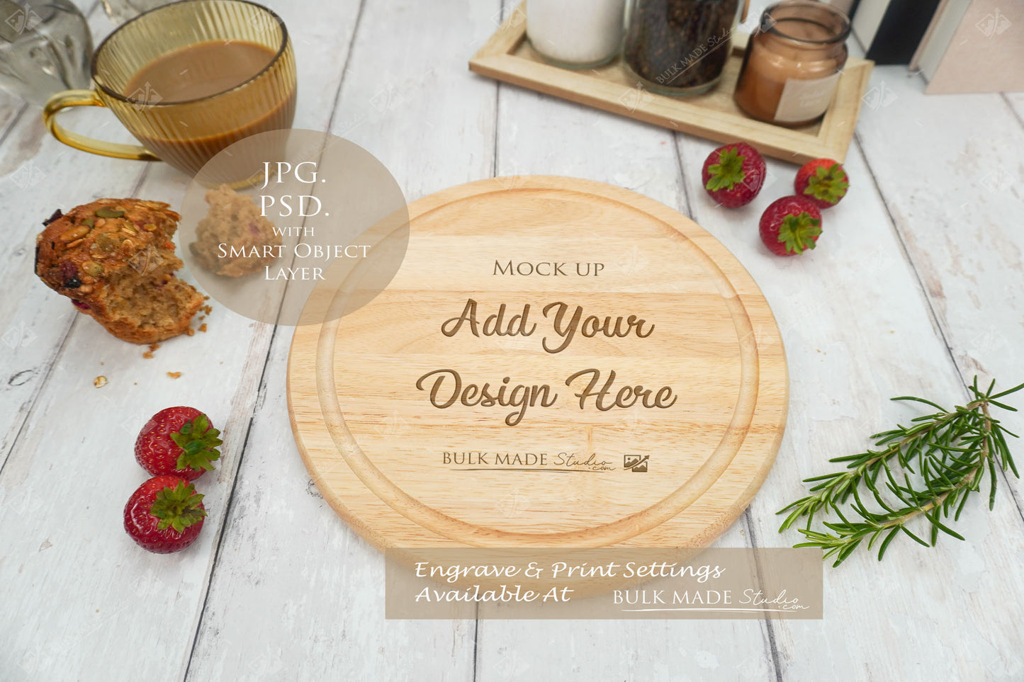 Round Rubberwood Chopping Board Mockup PSD Bundle - Summer Floral Style Mockup - Smart Object Template with Smart Object - UK Product Mockup