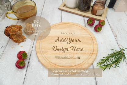 Round Rubberwood Chopping Board Mockup PSD Bundle - Summer Floral Style Mockup - Smart Object Template with Smart Object - UK Product Mockup