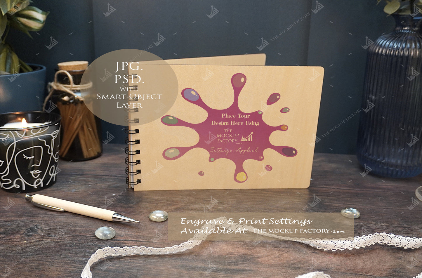 Notebooks, Guest Books, Journals Plywood A4 & A5 Mockup Bundle - Wedding Theme -  Dark Vintage - PSD Template with Smart Object - UK Product Mockup