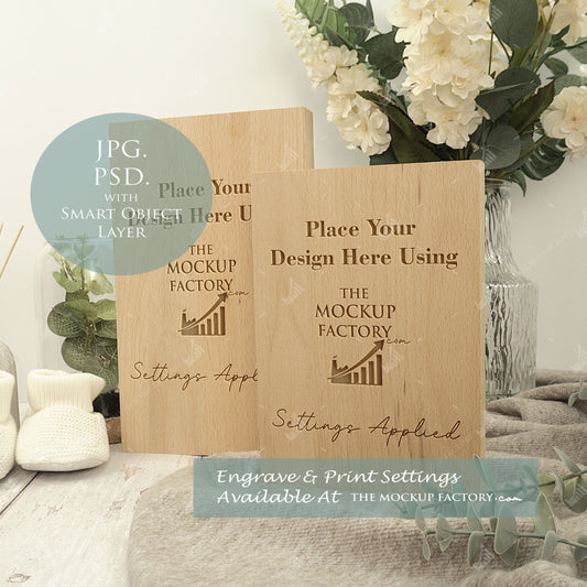 Oak Block Free Standing Plaque Portrait & Landscape Mockup - Print & Engraving  -Natural Botanicals - PSD Templates with Smart Object - UK Product Mockup
